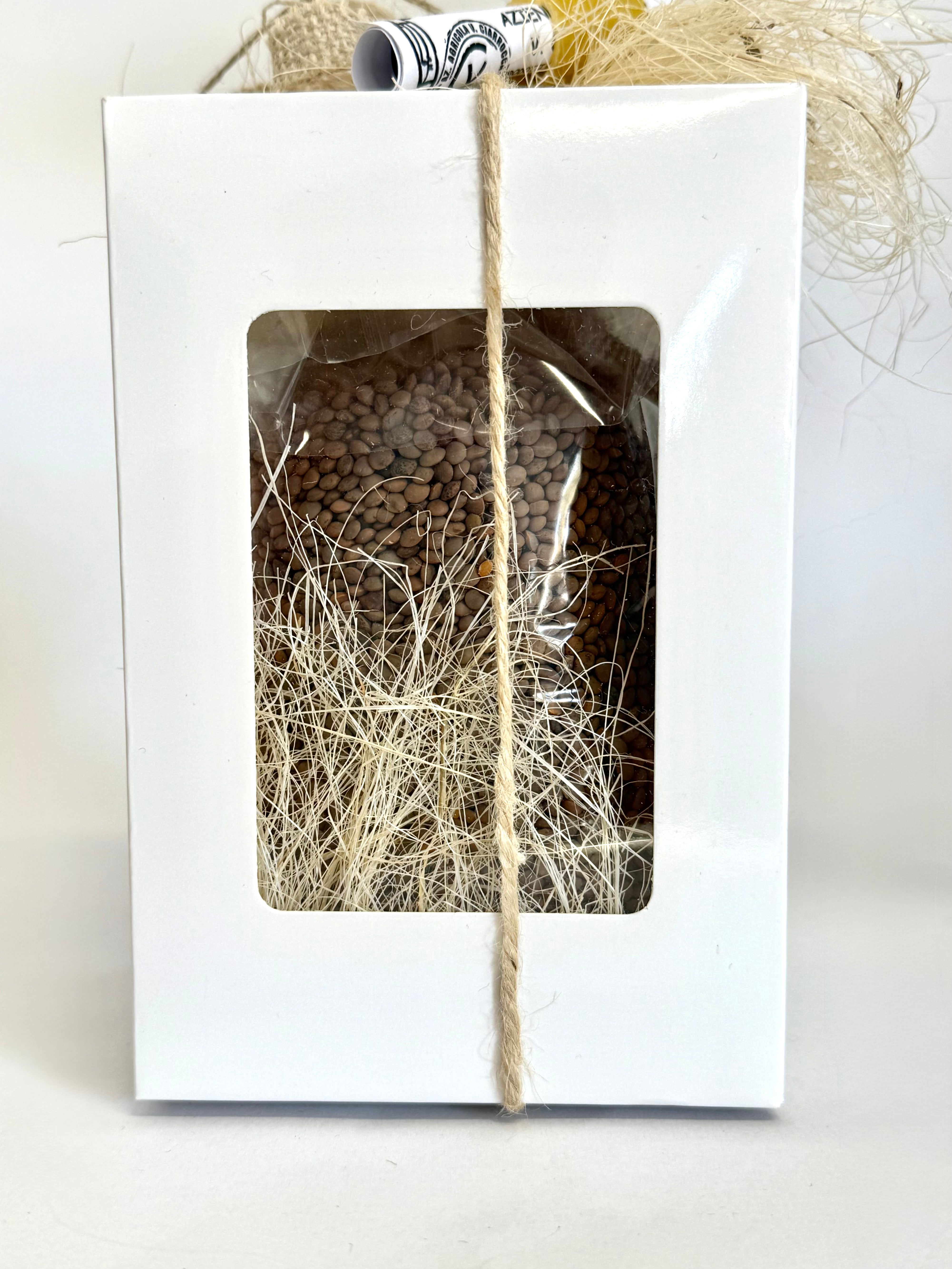 Bomboniera scatola di carta 12cm con lenticchie di Santo Stefano di sessanio 250g e confetti in provetta di vetro