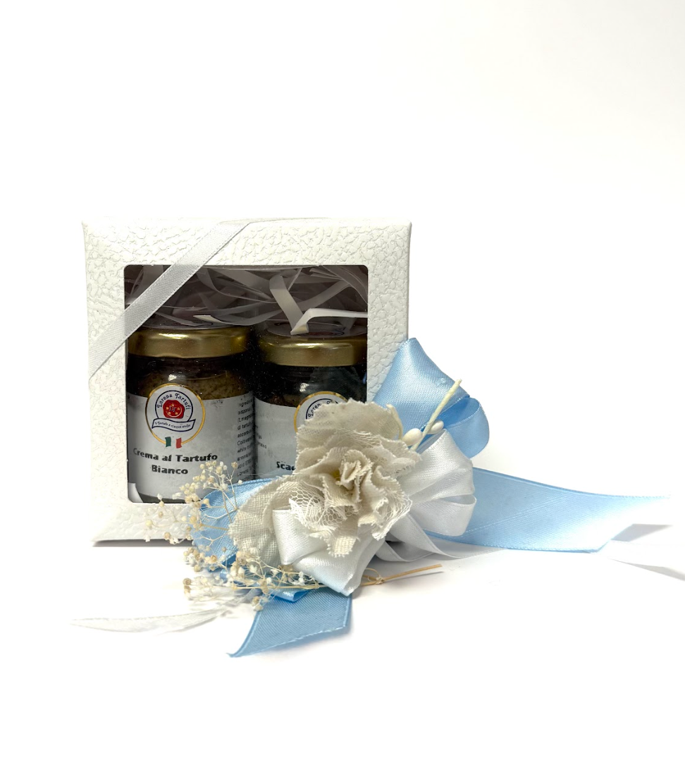 Bomboniera scatolina di carta 10cm con crema al tartufo bianco 60g e scaglie di tartufo 30g con confetti