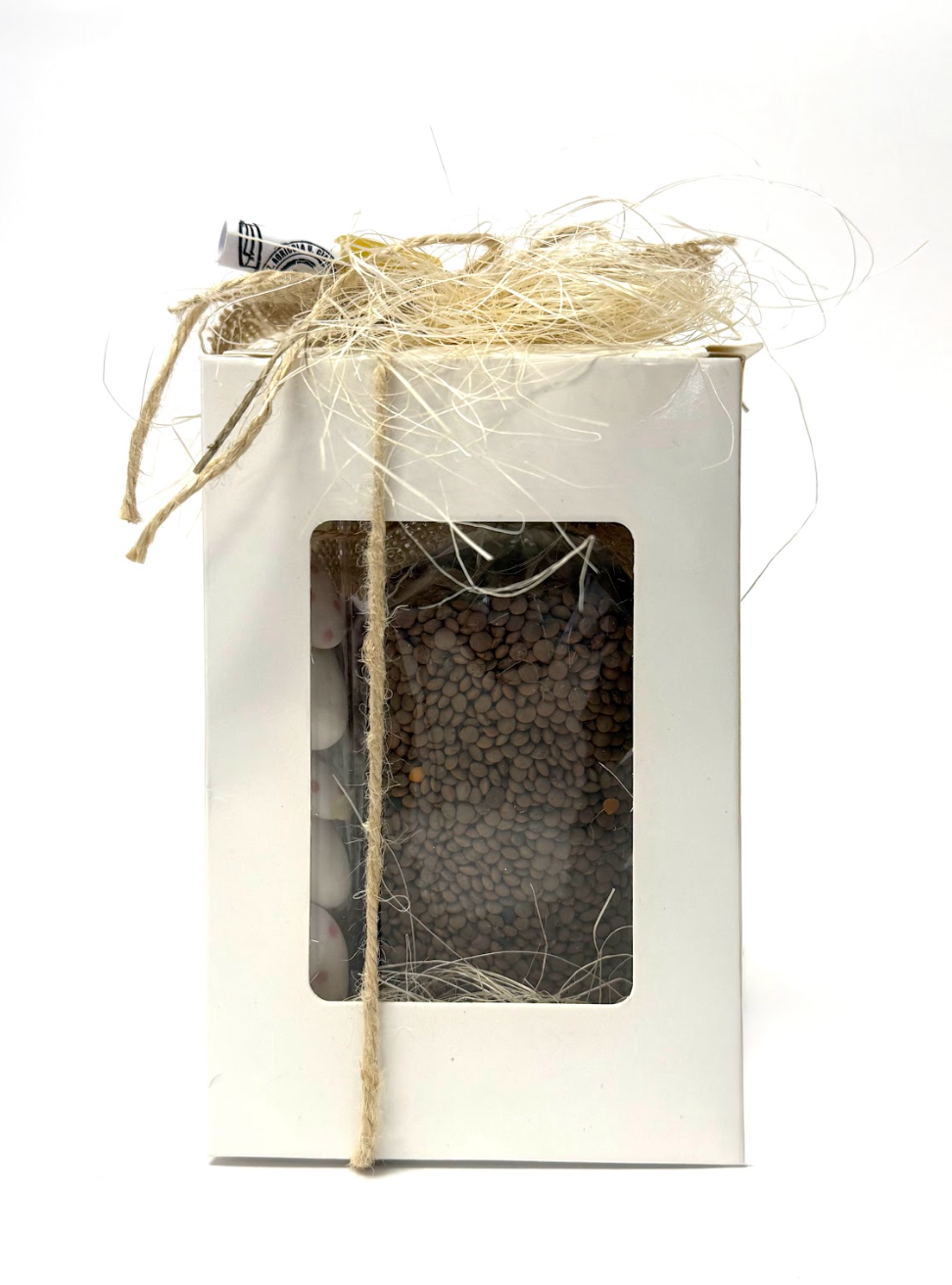 Bomboniera scatola di carta 12cm con lenticchie di Santo Stefano di sessanio 250g e confetti in provetta di vetro