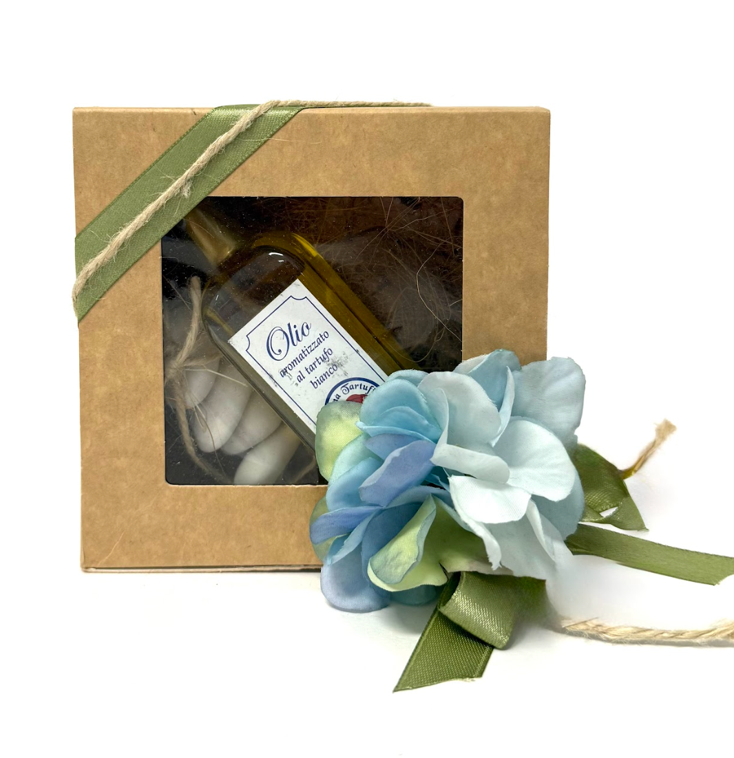 Bomboniera scatolina di carta quadrata 12cm con olio al tartufo 55ml e confetti in scatolina pvc