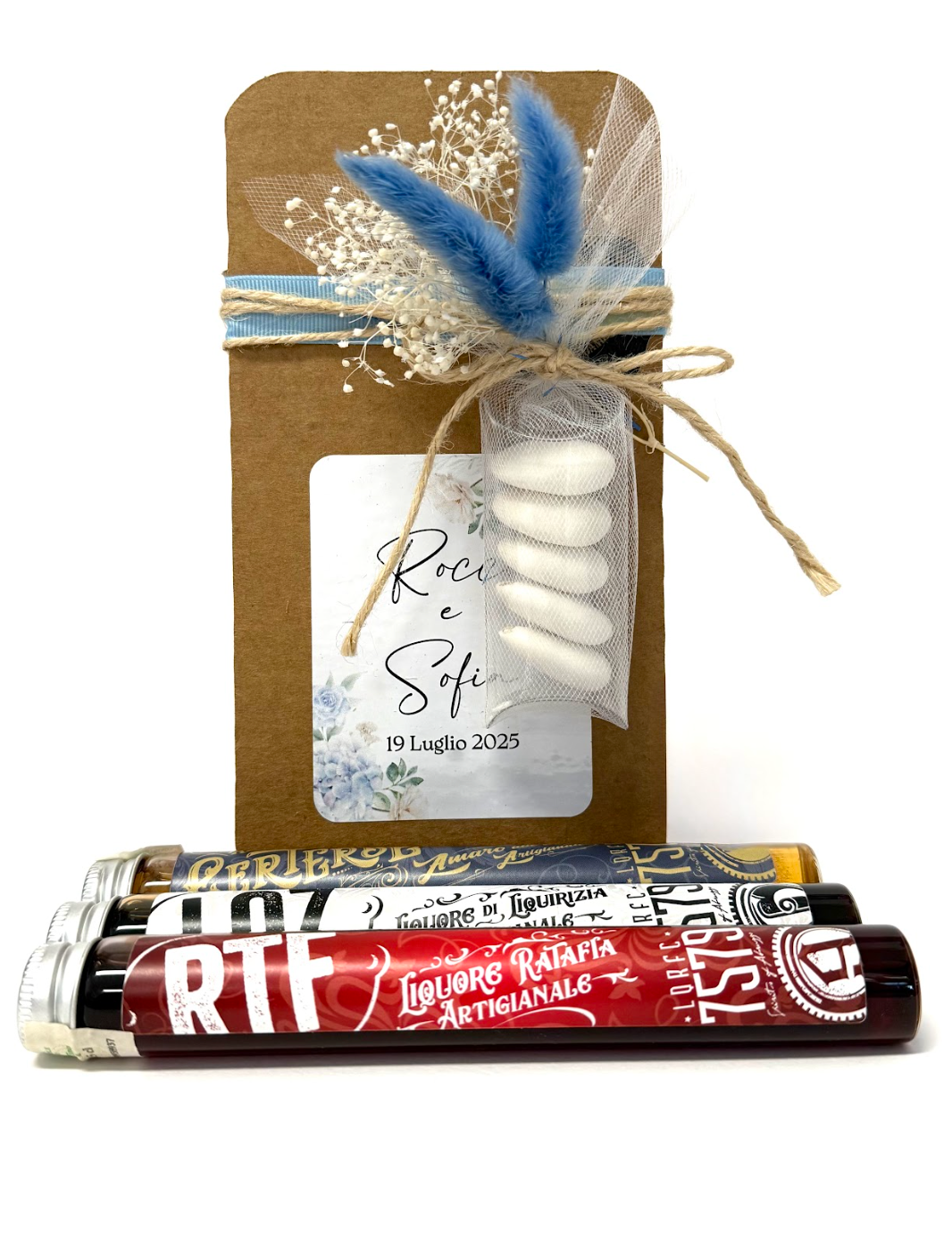 Bomboniera scatola eco-cartone con tris di liquorini artigianali abruzzesi 4cl, confetti e timbro ceralacca personalizzato