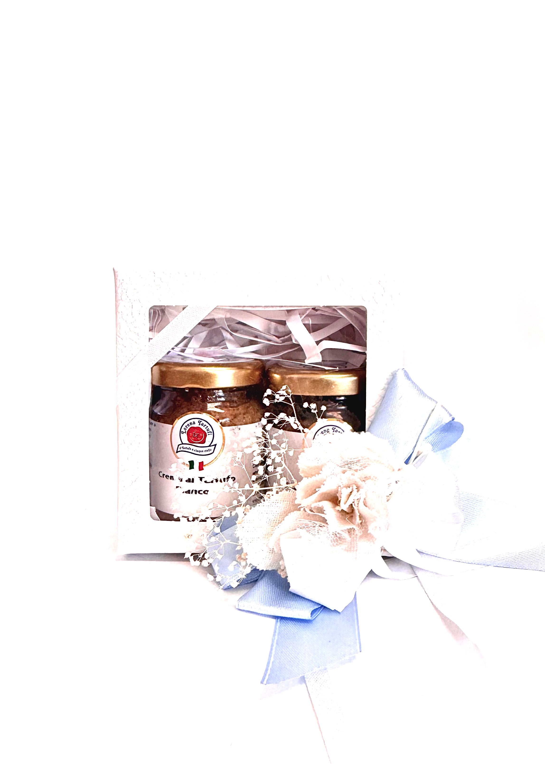 Bomboniera scatolina di carta 10cm con crema al tartufo bianco 60g e scaglie di tartufo 30g con confetti