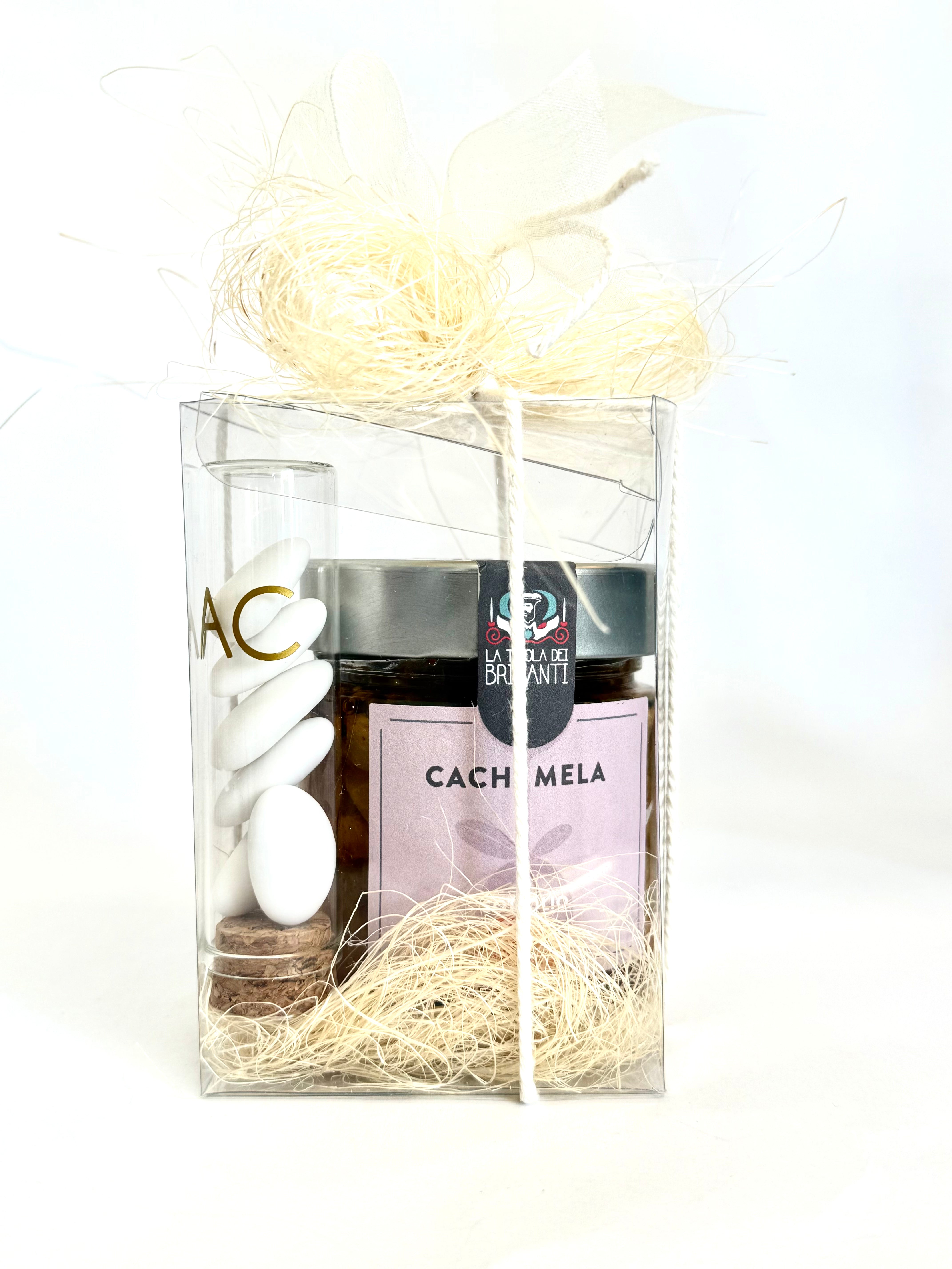 Bomboniera vasetto in vetro 200g cachi mela sott’olio in scatola pvc con confetti in provetta di vetro