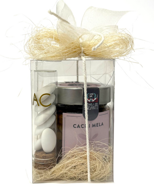 Bomboniera vasetto in vetro 200g cachi mela sott’olio in scatola pvc con confetti in provetta di vetro