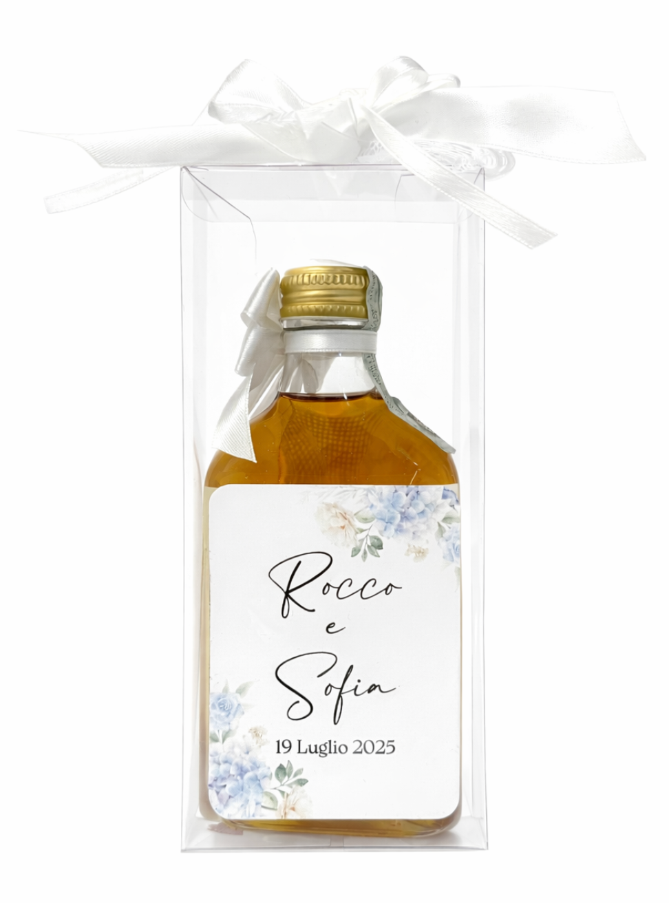 Bomboniera Bottiglia in vetro 200ml genziana con scatolina pvc e sacchetto di confetti